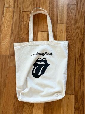 The Rolling Stones White Canvas Tote Bag with Black Tongue Logo